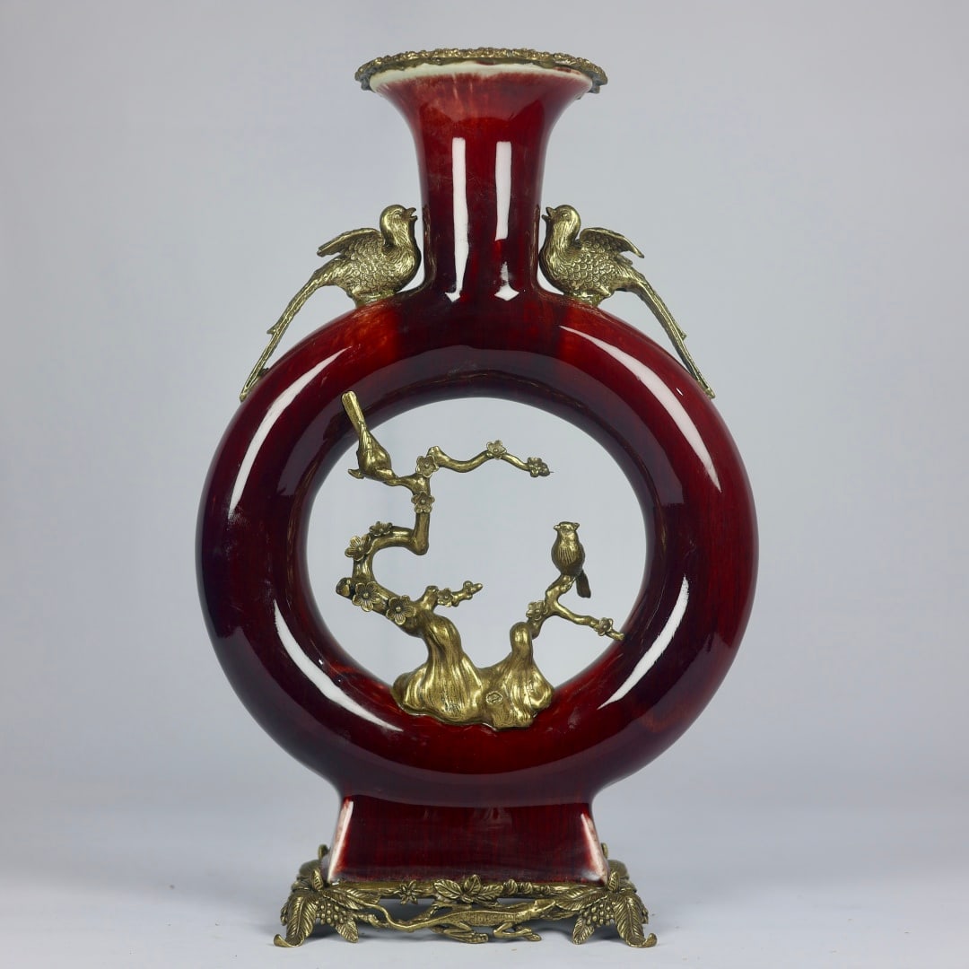 A Huge Red Glazed Inlaid Bronze Hollow Flower and Bird Pattern Bird-Ears Vase (1 of 10)