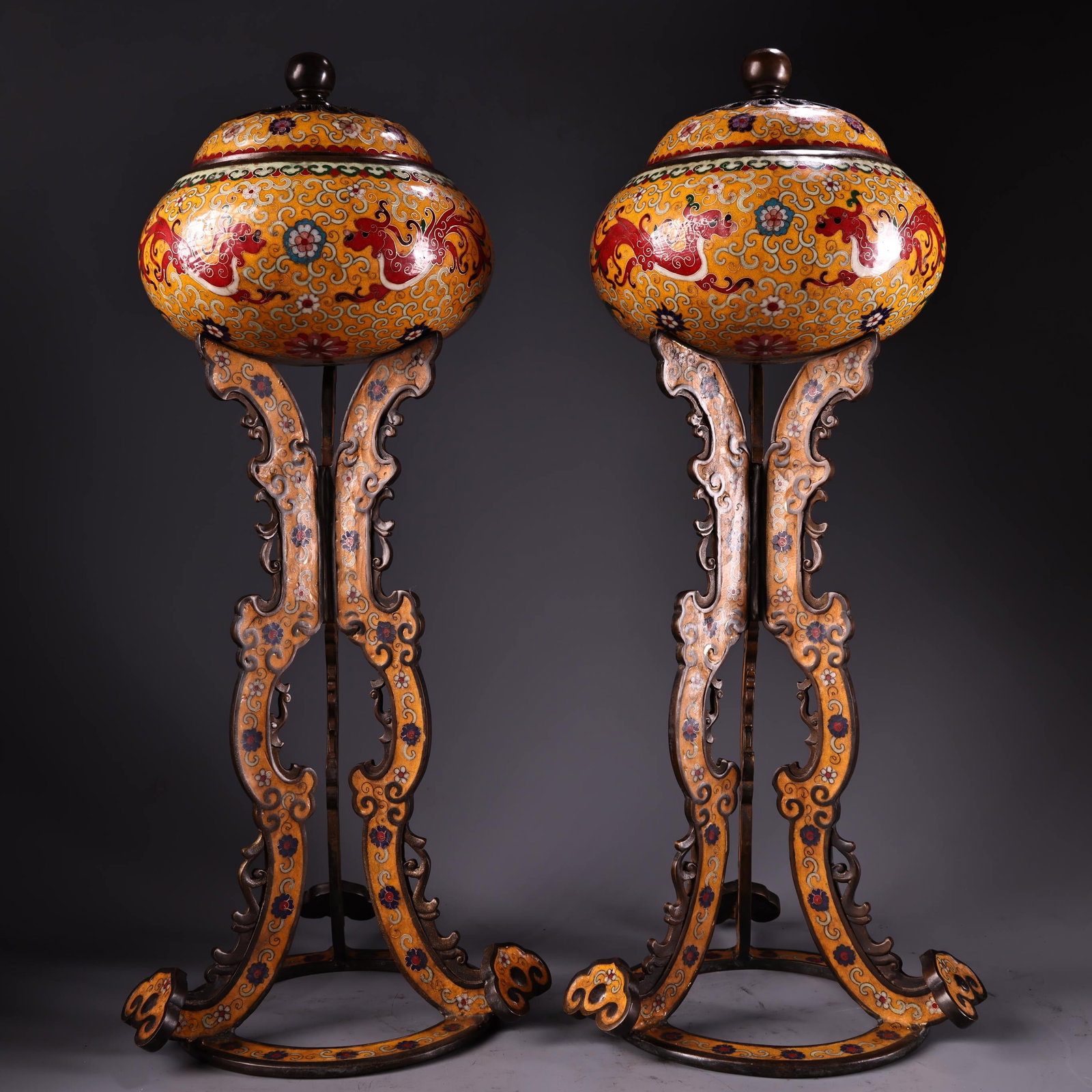 A Pair of Huge Cloisonne Lotus and Dragon Pattern Stem Censers (1 of 11)