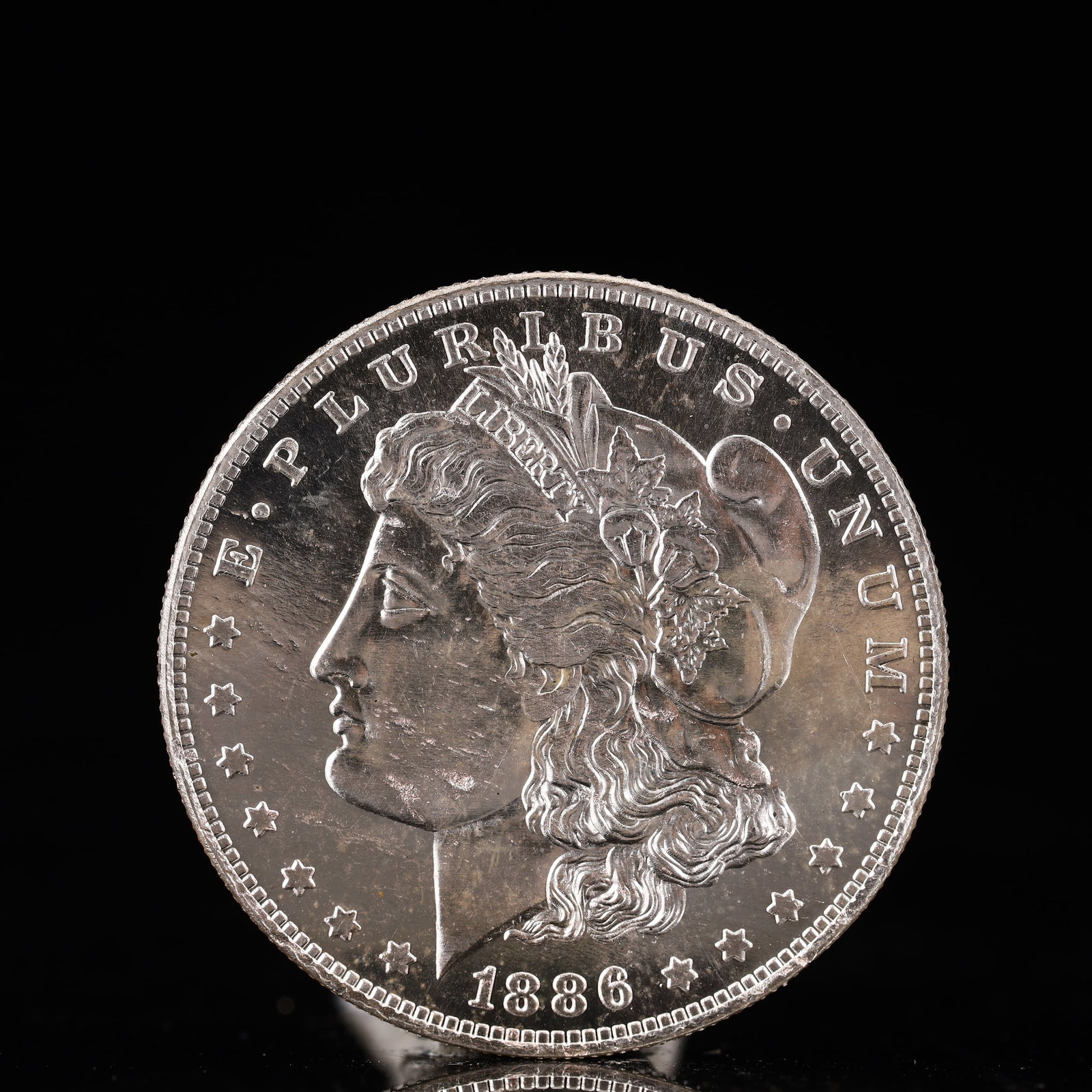 USA Morgan Dollar 1886 Coin: Obv: profile bust with date below and E PLURIBUS UNUM legend and stars around. Rev: eagle with In God we trust above within wreath with UNITED STATES OF AMERICA ONE DOLLAR legend. IN GOD WE TRUST / LI