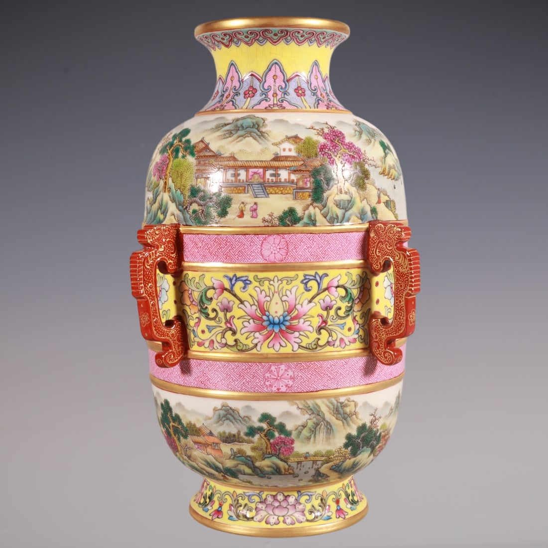 An Exquisite Enamel Lotus Pattern Landscape Pattern Vase: An Exquisite Enamel Lotus Pattern Landscape Pattern Vase Qing Dynasty, China Qianlong Four-character Mark Size:10.1inx5.9in珐琅彩黄地缠枝莲山ĕ