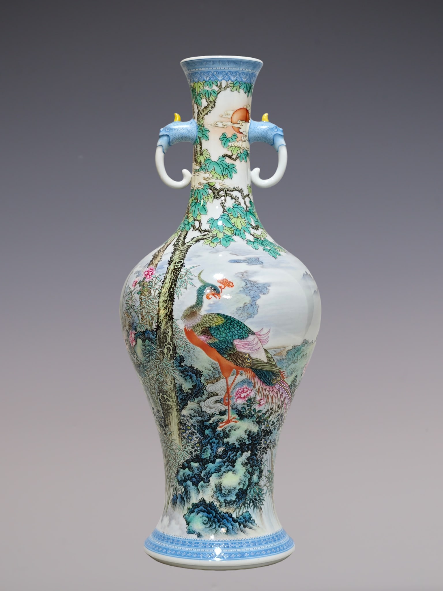An Exquisite Enamel Flower and Bird Pattern with poem Double-Ears Vase: An Exquisite Enamel Flower and Bird Pattern with poem Double-Ears Vase Qing Dynasty, China Yongzheng Six-character Mark