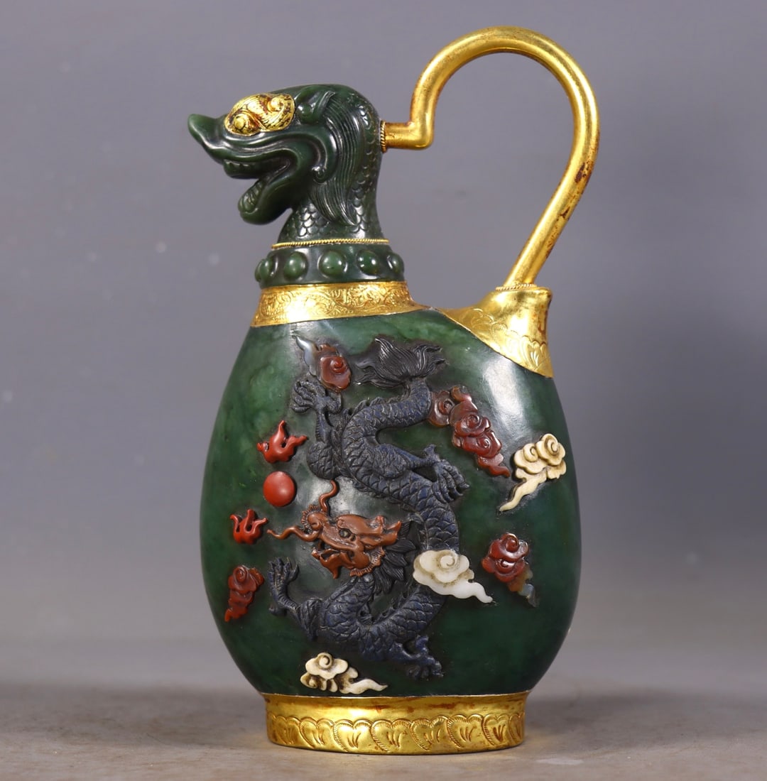An Exquisite Jasper Cover with Gold Inlaid Dragon and Phoenix Pattern Beast-head Pot,Inlaid Gems (1 of 9)