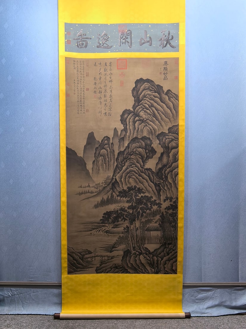 A Chinese Vertical Scroll Ink Painting of Landscape and Figure on Silk,Wang Meng: A Chinese Vertical Scroll Ink Painting of Landscape and Figure on Silk,Wang
