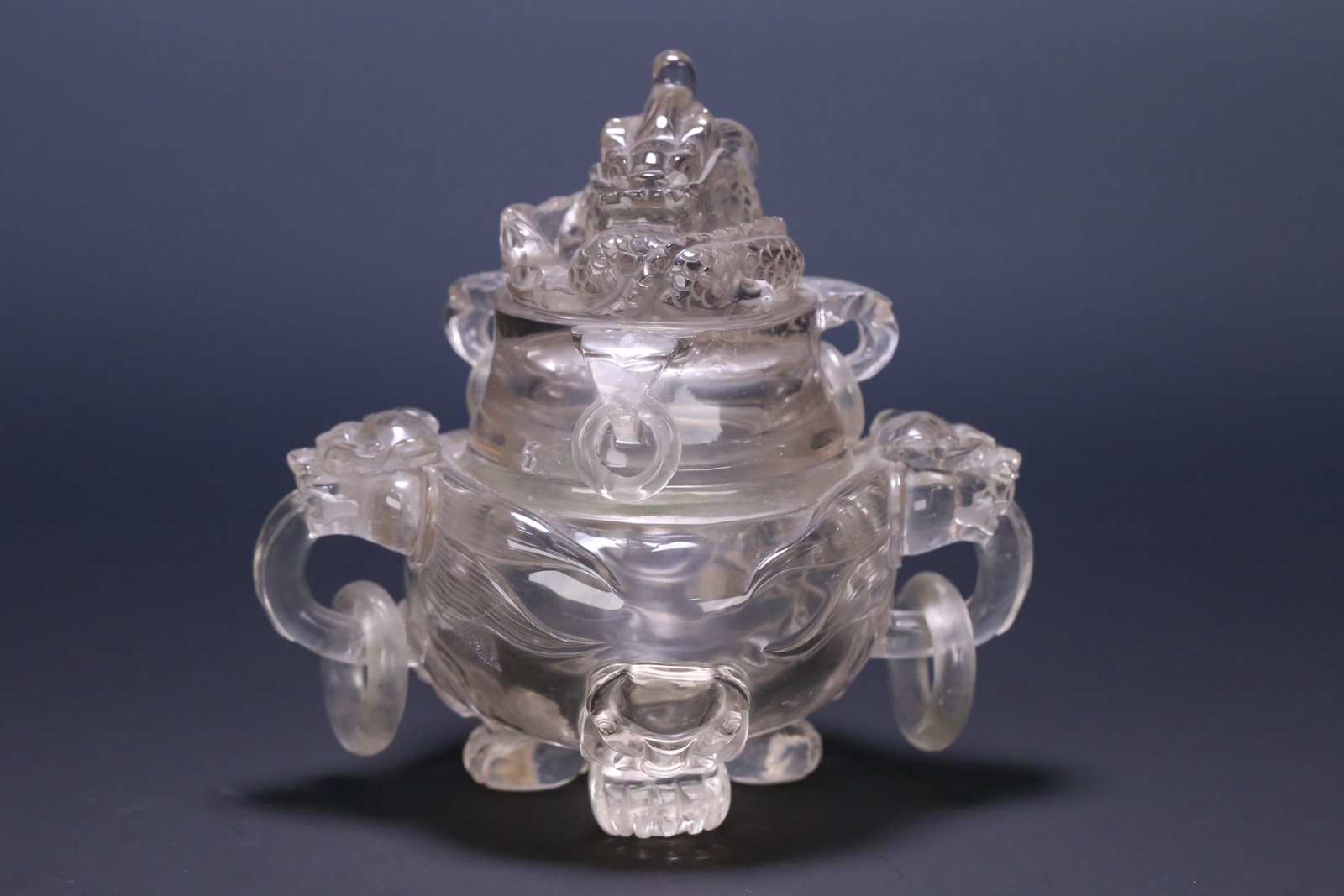 An Exquisite Crystal Beast-Ears Tripod Censer,With Dragon Pattern Cover: An Exquisite Crystal Beast-Ears Tripod Censer,With Dragon Pattern Cover,Qing Dynasty, ChinaSize:5.5inx5.7inx3.9in,Weight:877.5g水晶兽耳三足香炉,带
