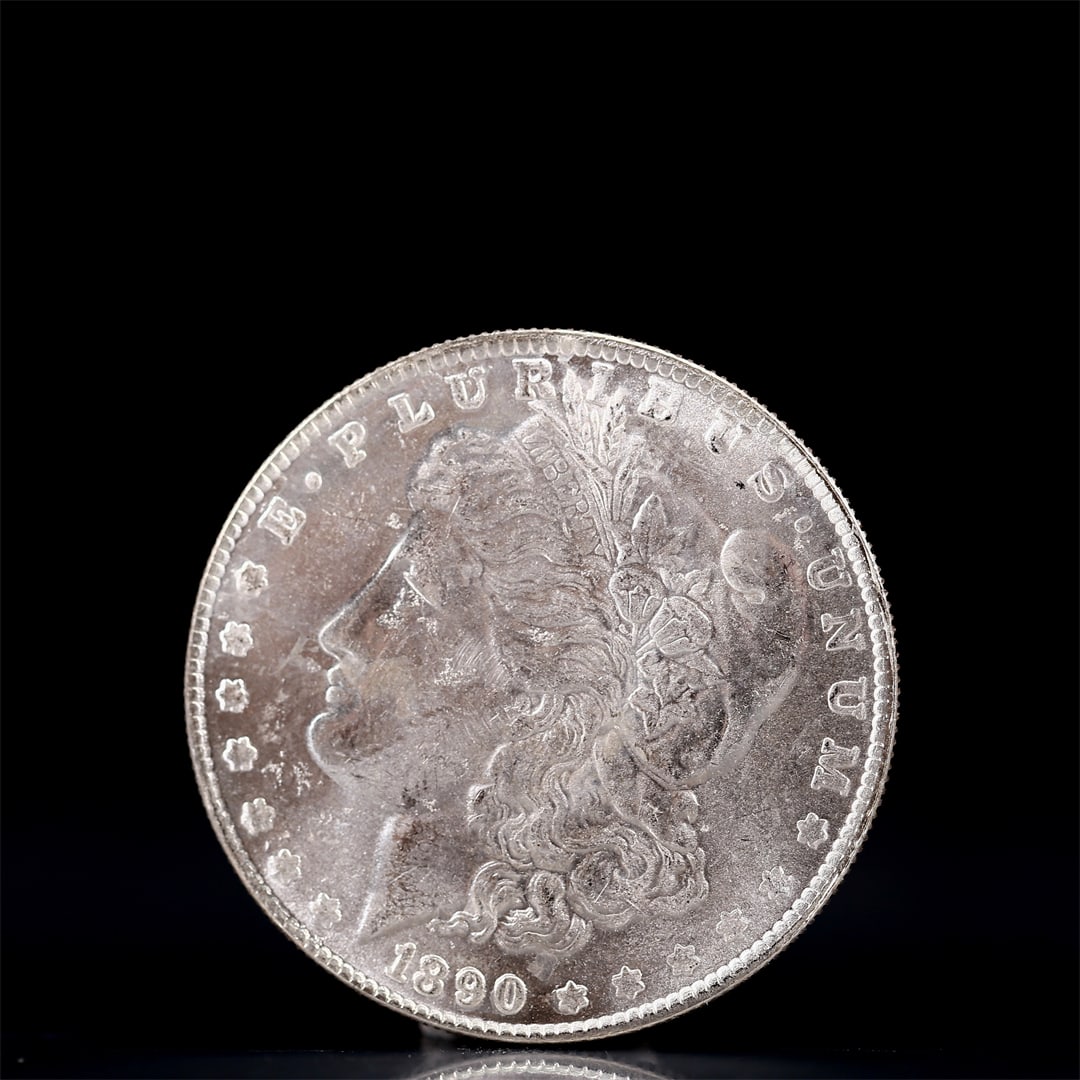 USA Morgan Dollar 1890 Coin: Obv: profile bust with date below and E PLURIBUS UNUM legend and stars around. Rev: eagle with In God we trust above within wreath with UNITED STATES OF AMERICA ONE DOLLAR legend. IN GOD WE TRUST / LI