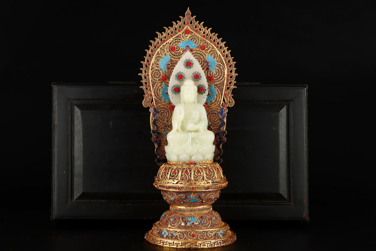 A Rare Filigree and Gilding Inlaid White Jade Buddha Statue Ornament,Inlaid Multi-Gem (1 of 9)