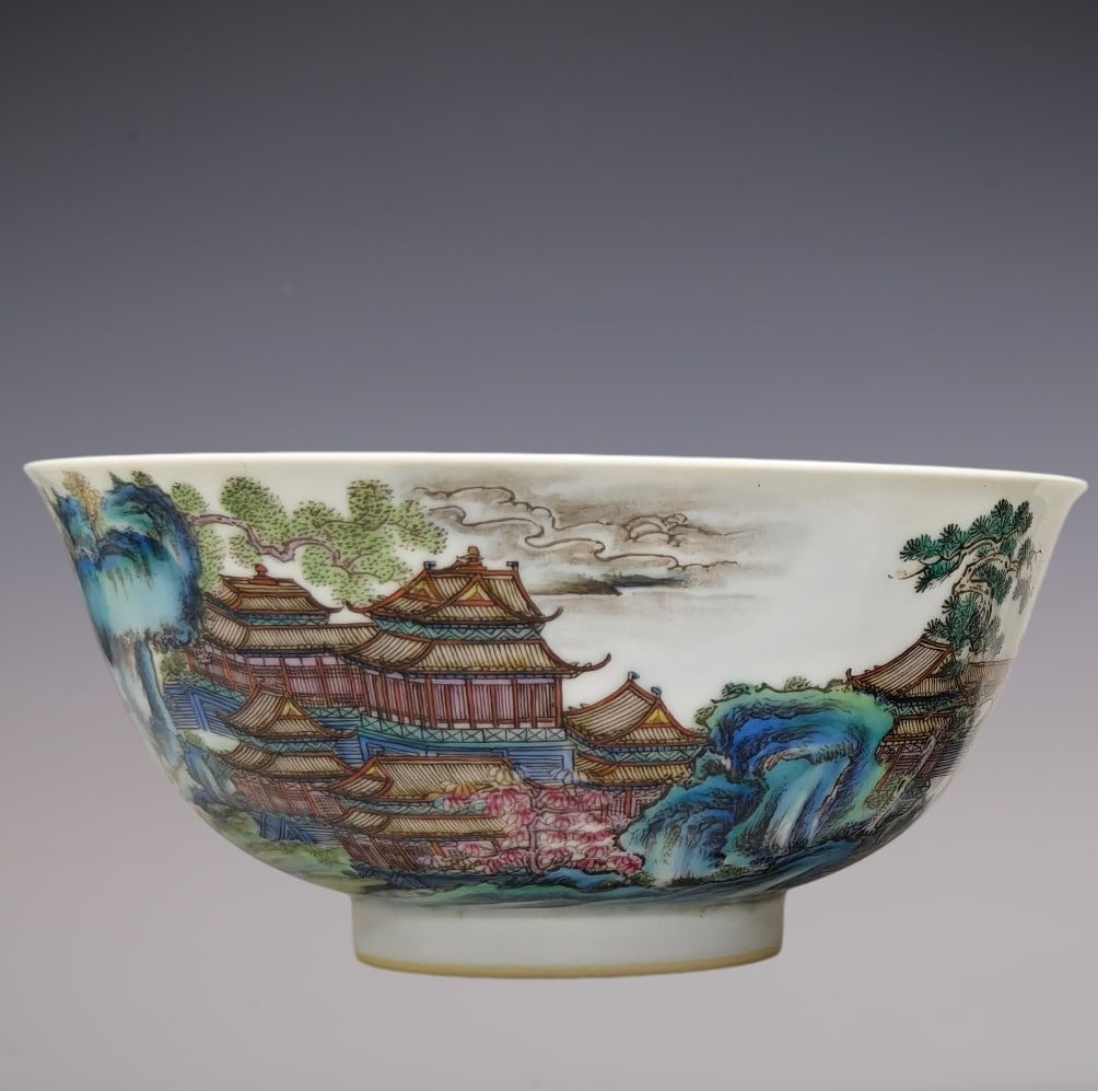 An Exquisite Enamel Landscape Pattern Bowl: An Exquisite Enamel Landscape Pattern Bowl Qing Dynasty, China Yongzheng Six-character Mark Size:2.8inx5.9in珐琅彩山水纹宫碗 中国清