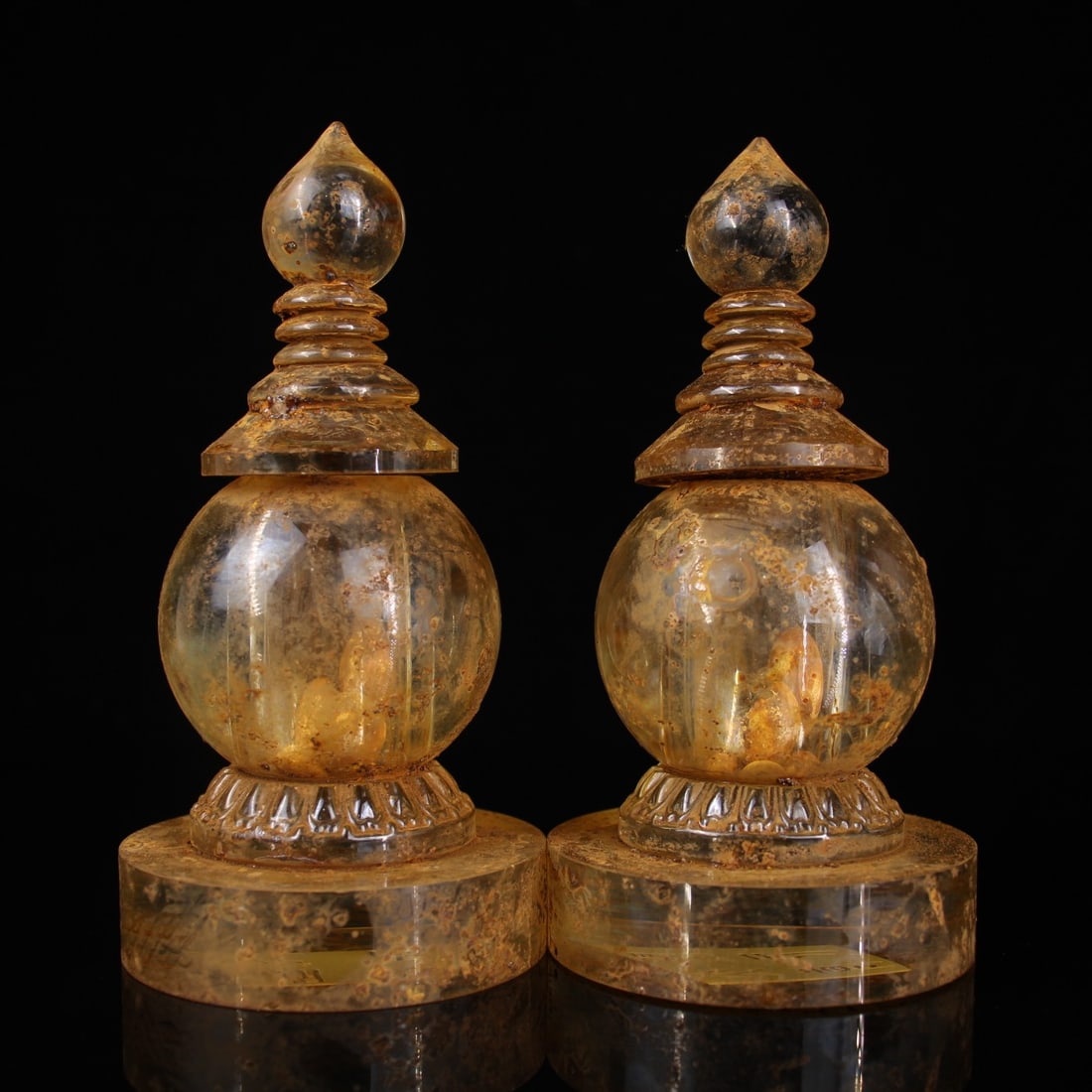 A Pair of Exquisite Crystal Stupas: A Pair of Exquisite Crystal Stupas,Tang Dynasty, China,Zhenguan Four-character Mark,Size:5.9inx2.8in,Total