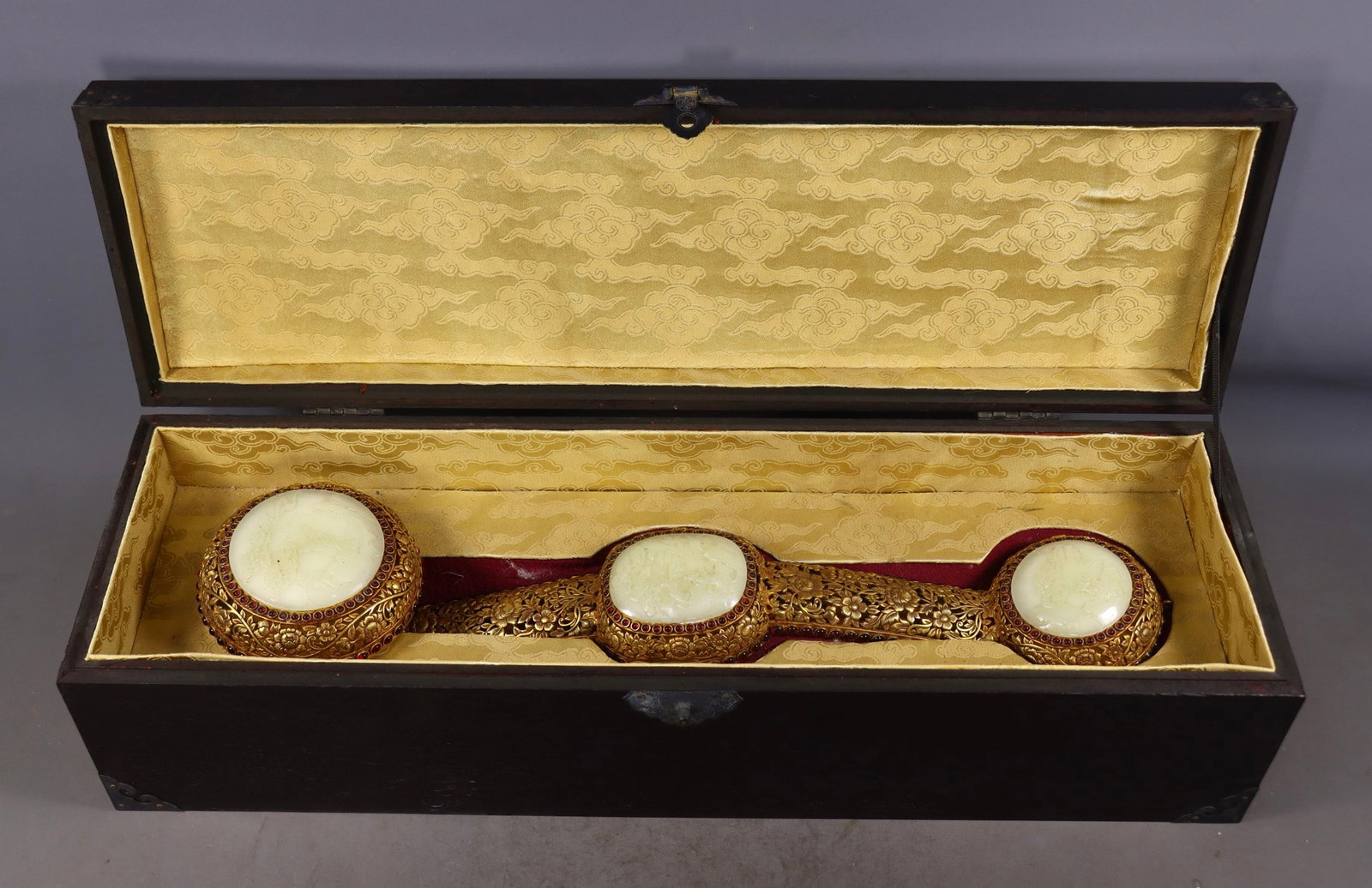A Huge Gilt Bronze Inlaid White Jade Hollow Flower Landscape and Figure Pattern Ruyi,Inlaid Gems: A Huge Gilt Bronze Inlaid White Jade Hollow Flower Landscape and Figure Pattern Ruyi,Inlaid Gems,Qing Dynasty,China,Qianlong Six-character