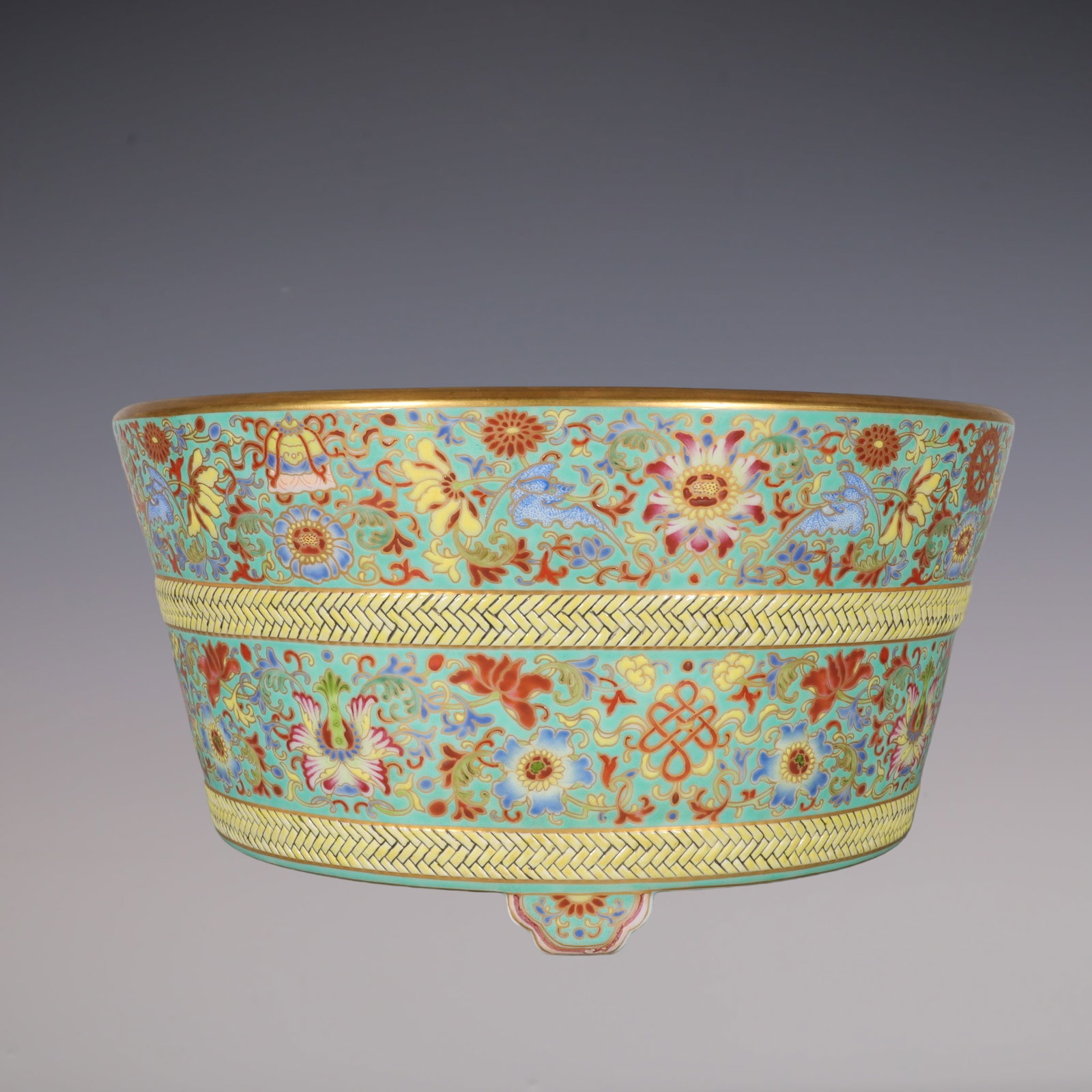 An Exquisite Enamel Green Ground Painted Gold Lotus Pattern Basin: An Exquisite Enamel Green Ground Painted Gold Lotus Pattern Basin Qing Dynasty, China Qianlong Four-character Mark
