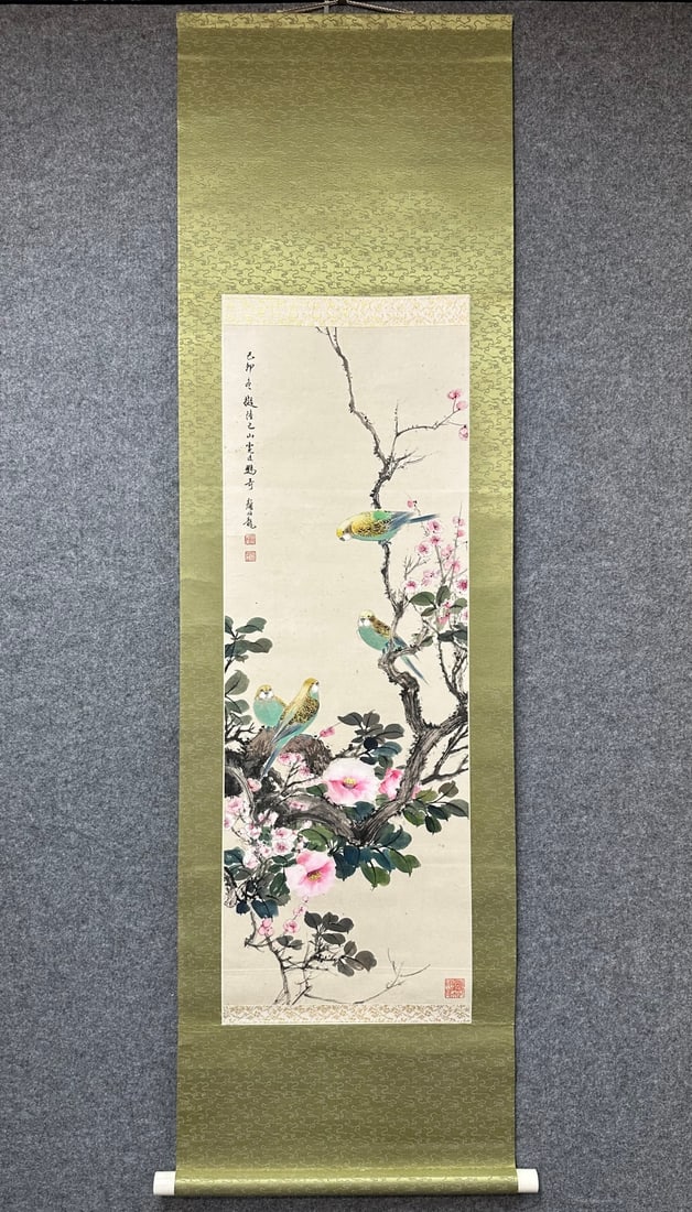 A Chinese Vertical Scroll Ink Painting of Flower and Bird on Paper,Yan Bolong: A Chinese Vertical Scroll Ink Painting of Flower and Bird on Paper,Yan Bolong,Size:(Without frame)35.4inx13in一幅中国水墨花鸟画立轴,&#