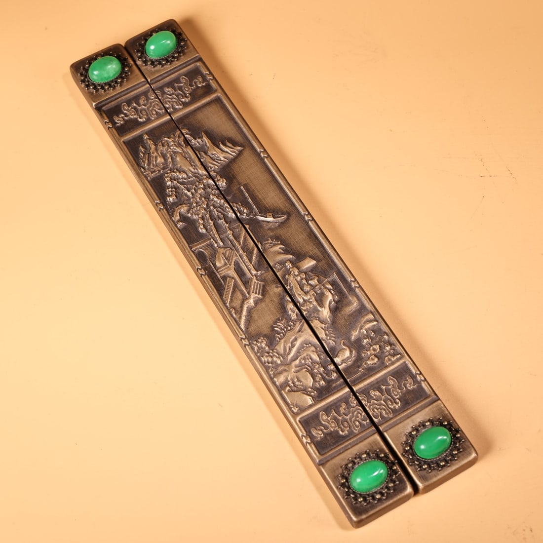 A Pair of Exquisite Bronze Inlaid Gems Landscape Pattern Paper Weights (1 of 10)