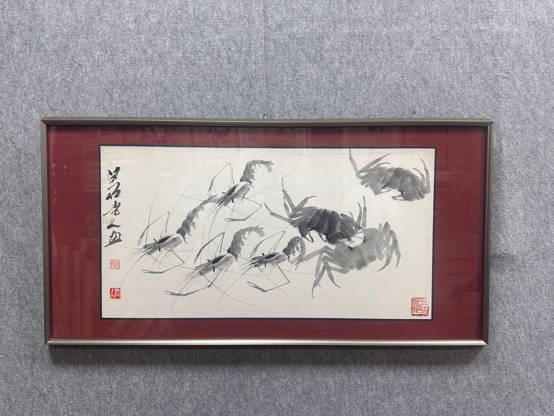 A Chinese Ink Painting of Crab and Shrimp on Paper With Frame,Qi Baishi: A Chinese Ink Painting of Crab and Shrimp on Paper With Frame,Qi BaishiSize:(Without frame)27.2inx14.2in,(Frame)36.2inx18.1in一幅中国水墨螃蟹虾
