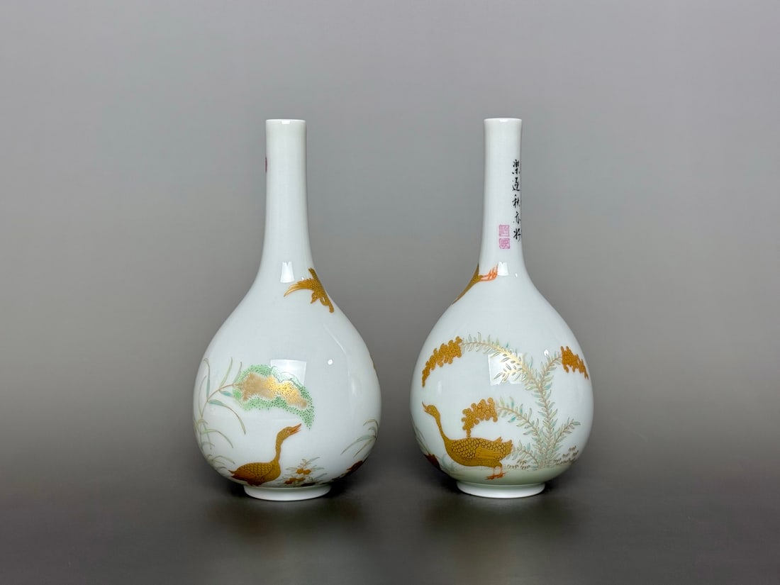 A Pair of Exquisite Enamel Painted Gold Reed Goose Pattern Vases,With Poem: A Pair of Exquisite Enamel Painted Gold Reed Goose Pattern Vases,With Poem,Qing Dynasty,China,Yongzheng Six-character