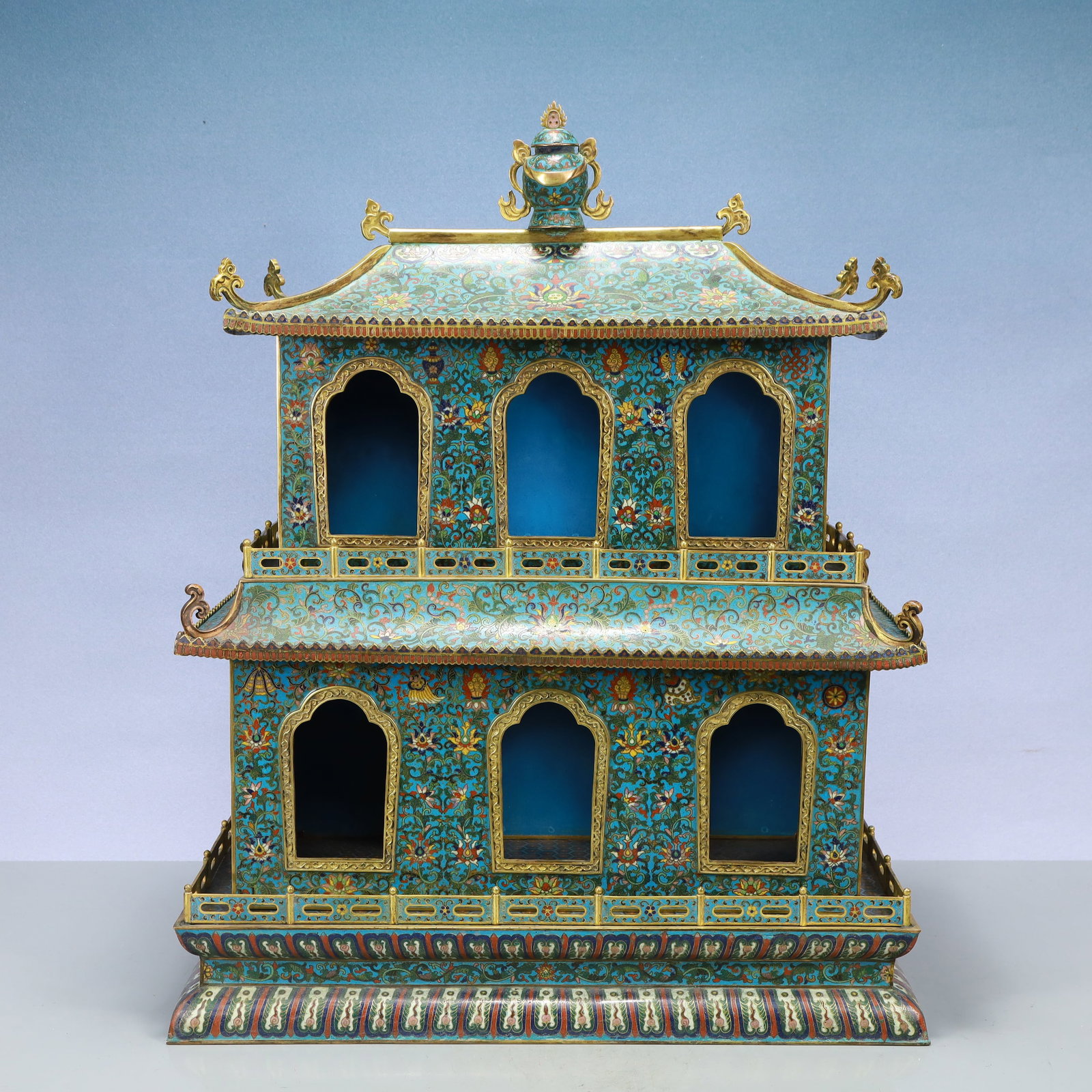 A Exquisite Cloisonne Lotus Pattern Pagoda: A Exquisite Cloisonne Lotus Pattern Pagoda Qing Dynasty, China Qianlong Six-character Mark Size:21.7inx10.2inx26.4in