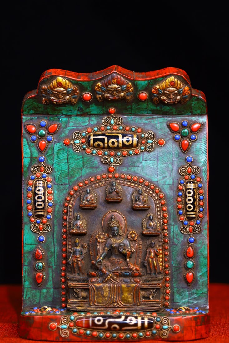 An Exquisite Meteorite Inlaid Gems with Dzi Bead Buddha Statue Pattern Niche: An Exquisite Meteorite Inlaid Gems with Dzi Bead Buddha Statue Pattern Niche,Qing