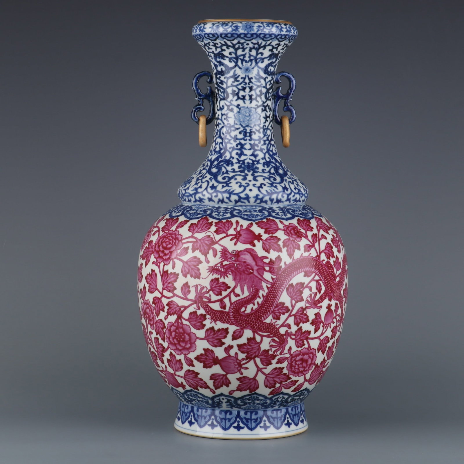 A Huge Blue and White Ruby Red-Glazed Dragon and Phoenix Pattern Double-Ears Vase: A Huge Blue and White Ruby Red-Glazed Dragon and Phoenix Pattern Double-Ears Vase Qing Dynasty, China Qianlong Six-character MarkSize:16.7inx3.5in青花胭脂红龙࠰