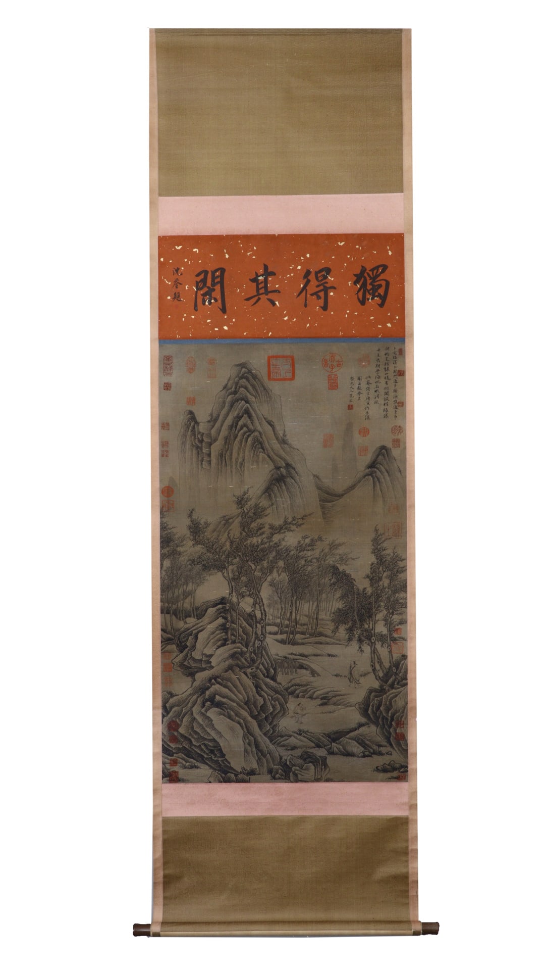 A Chinese Vertical Scroll Ink Painting of Landscape and Figure on Silk,Tang Yin: A Chinese Vertical Scroll Ink Painting of Landscape and Figure on Silk,Tang Yin,Size:(Without