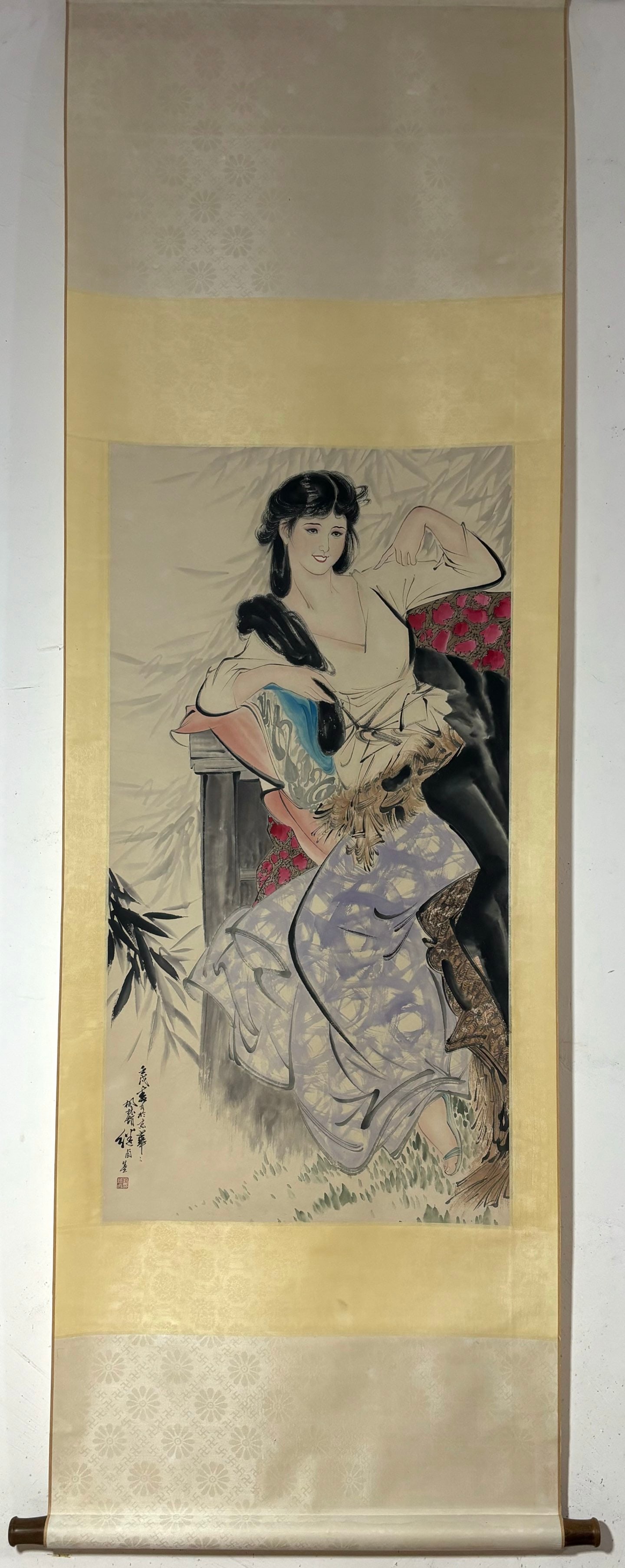 A Chinese Vertical Scroll Ink Painting of Woman on Paper,Liu Jilu: A Chinese Vertical Scroll Ink Painting of Woman on Paper,Liu Jilu,Size:(Without