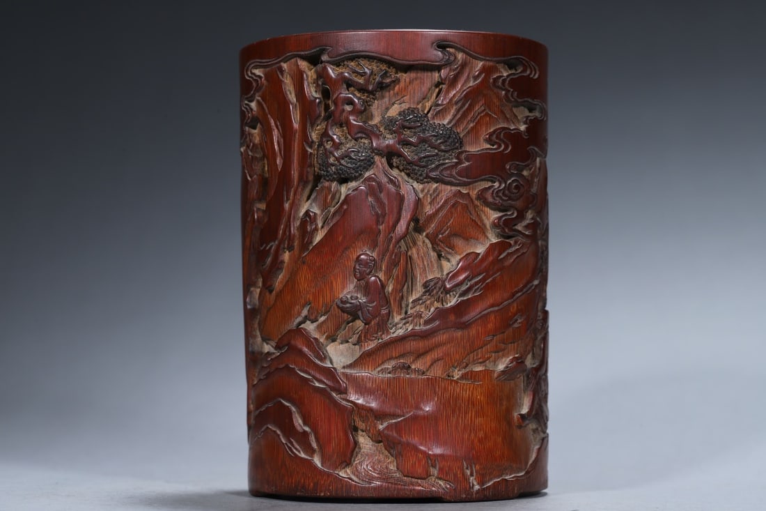An Exquisite Bamboo Landscape and Figure Pattern Brush Pot,With Poem: An Exquisite Bamboo Landscape and Figure Pattern Brush Pot,With Poem,Qing
