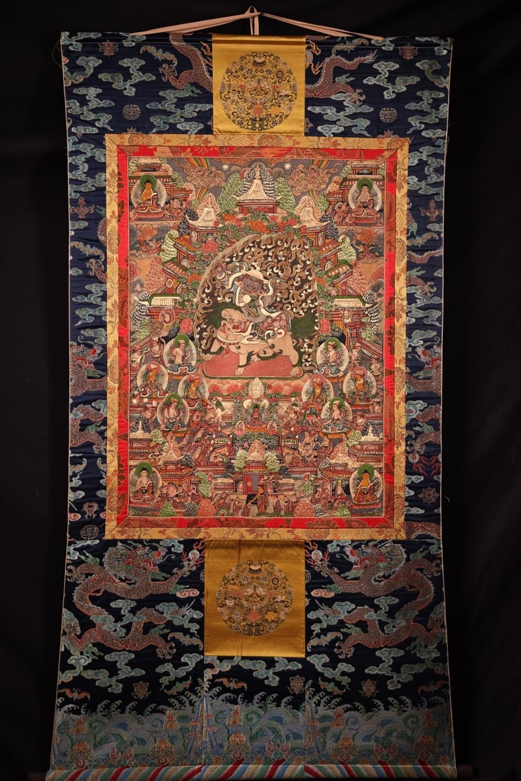 An Exquisite Statue of Vajra protector Thangka: An Exquisite Statue of Vajra protector Thangka,Ming Dynasty, China,Size:59.1inx31.5in(Whole),35inx23.6in(Leather Core) 金刚护法唐卡,中国明代