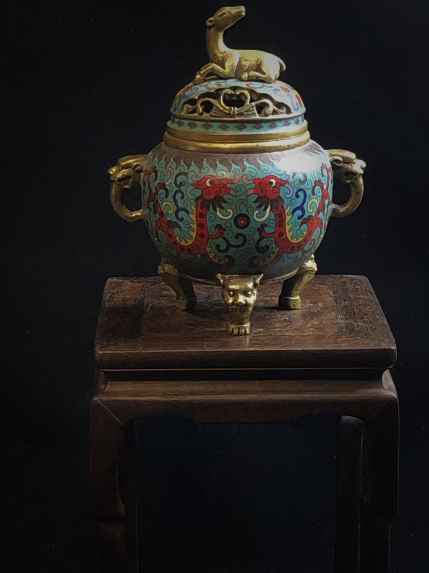 An Exquisite Copper Body Cloisonne Gilt Deer Knob Double-Ears Tripod Censer: An Exquisite Copper Body Cloisonne Gilt Deer Knob Double-Ears Tripod Censer,Qing Dynasty, China,Qianlong Six-character Mark,Size:7.9inx3.1inx6.3inx2.8in ,Weight:2000g