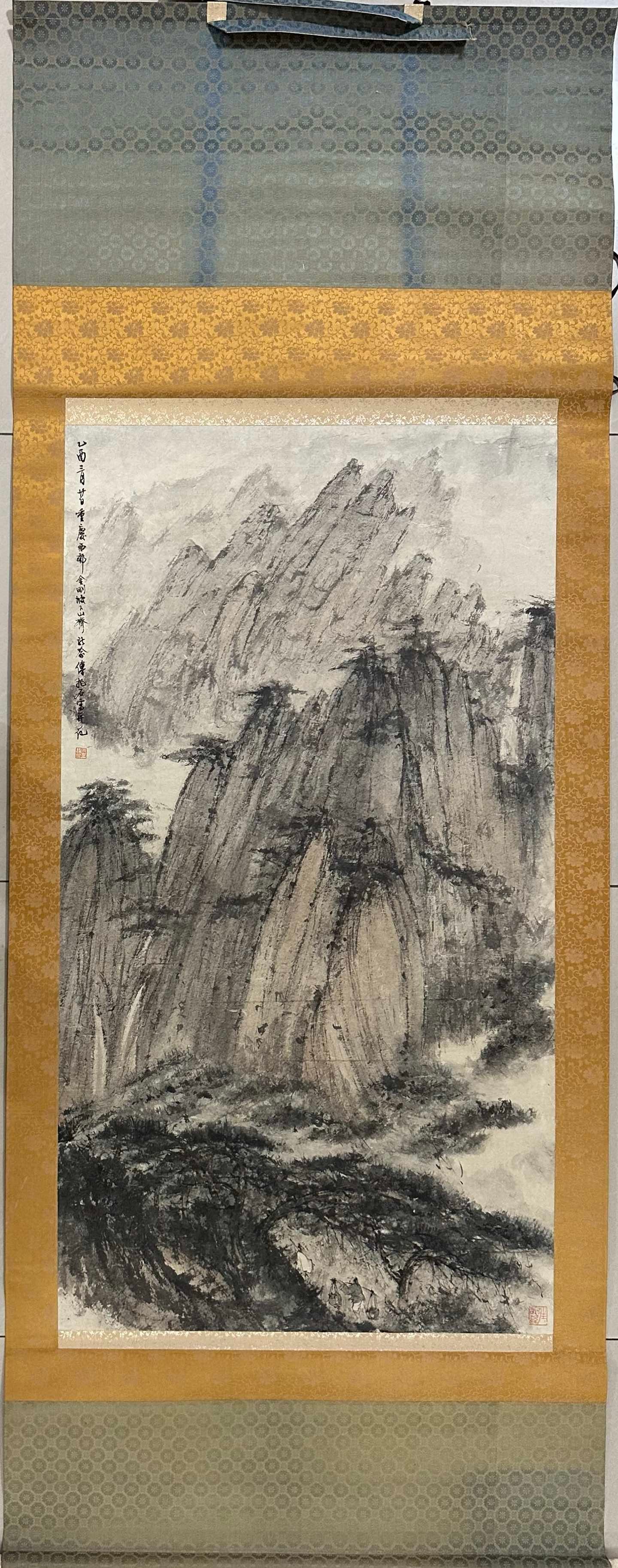 A Chinese Vertical Scroll Ink Painting of Landscape on Paper: A Chinese Vertical Scroll Ink Painting of Landscape on Paper,Modern Period of China,Fu Baoshi,without frame size:47.6inx26in