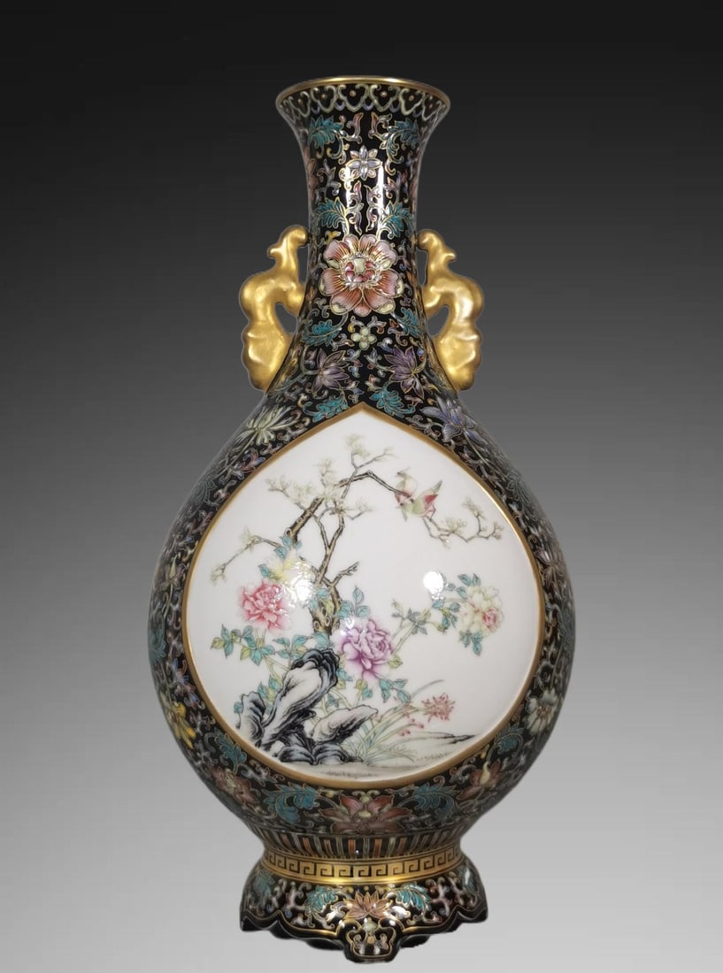 An Exquisite Enamel Painted Gold Flower and Bird Pattern Double-Ears Vase: An Exquisite Enamel Painted Gold Flower and Bird Pattern Double-Ears Vase,Qing Dynasty, China,Qianlong Four-character Mark,Size:16.7inx9.1in 珐琅彩描金花鸟