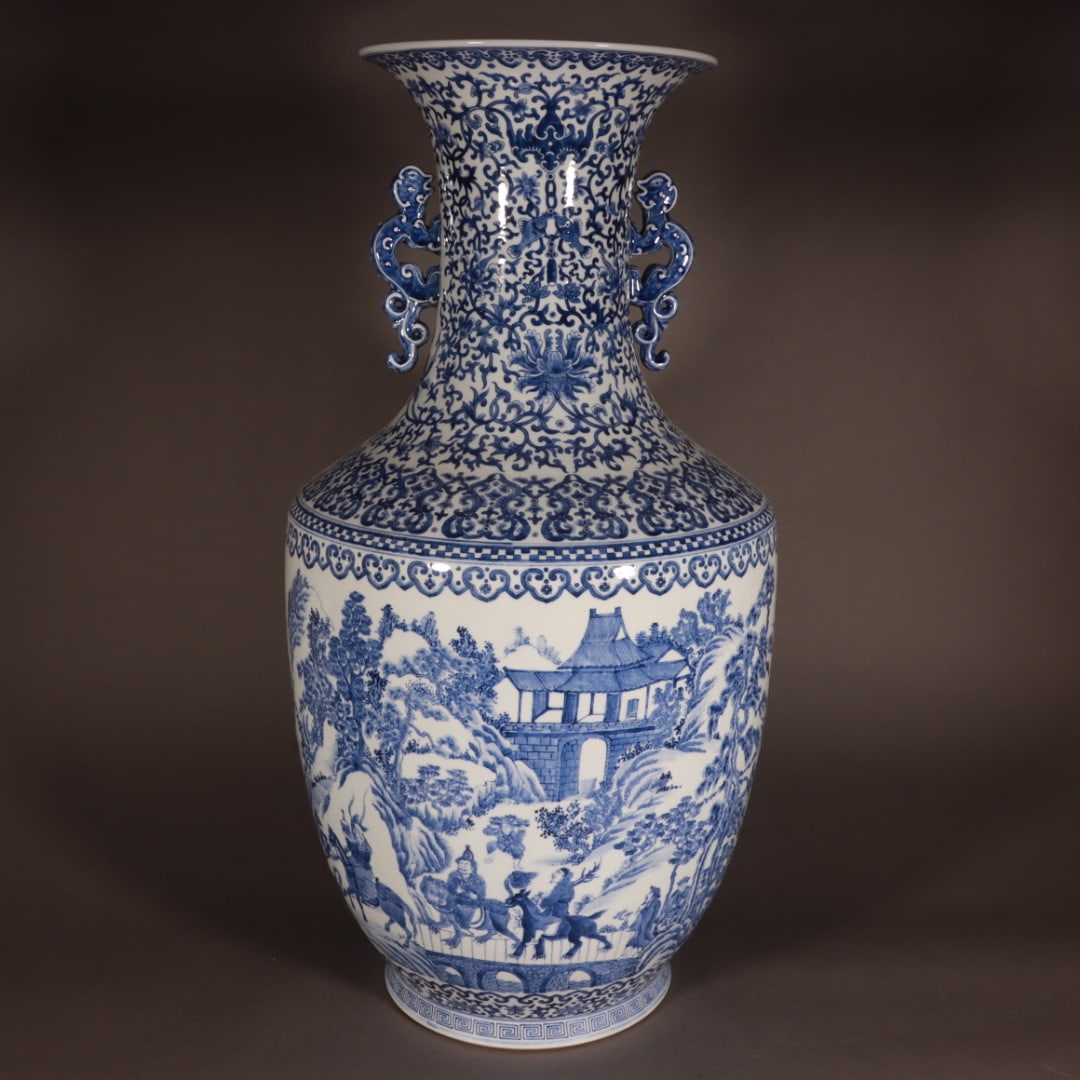 An Exquisite Blue and White Landscape and Figures Pattern Double-Ears Vase: An Exquisite Blue and White Landscape and Figures Pattern Double-Ears Vase,Qing Dynasty, China,Qianlong Six-character Mark,Size:29.5inx10.2inx15inx9.4in