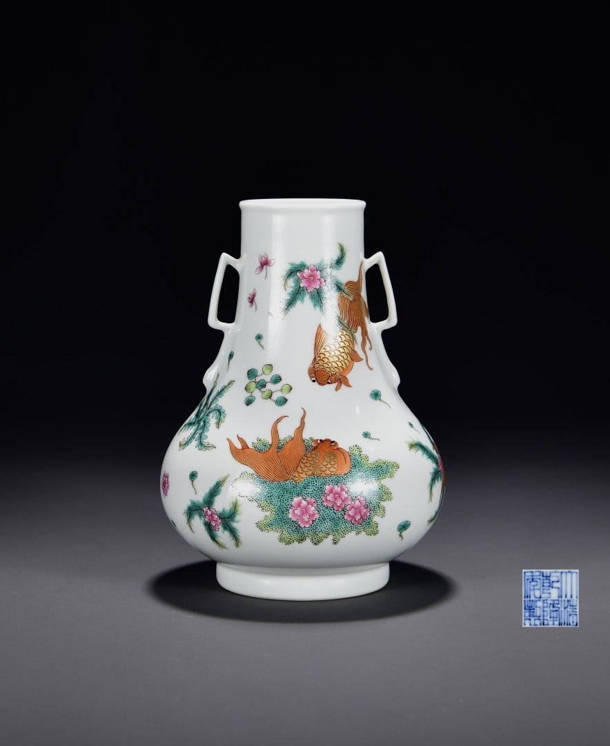 An Exquisite Famille-Rose Painted Gold Fish and Lotus Pattern Double-Ears Vase: An Exquisite Famille-Rose Painted Gold Fish and Lotus Pattern Double-Ears Vase,Qing Dynasty, China,Qianlong Six-character Mark,Size:9.8inx7.1in 粉彩描金鱼藻纹