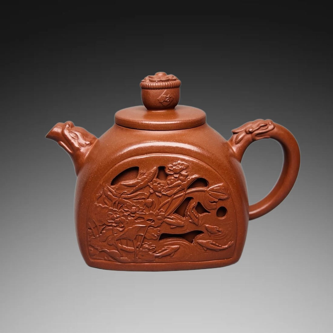 An Exquisite Purple Sands Flower and Bird Pattern Teapot: An Exquisite Purple Sands Flower and Bird Pattern Teapot,Republic of China,With Mark,Size:3.9inx4.3in 紫砂花鸟纹壶,民国,带款
