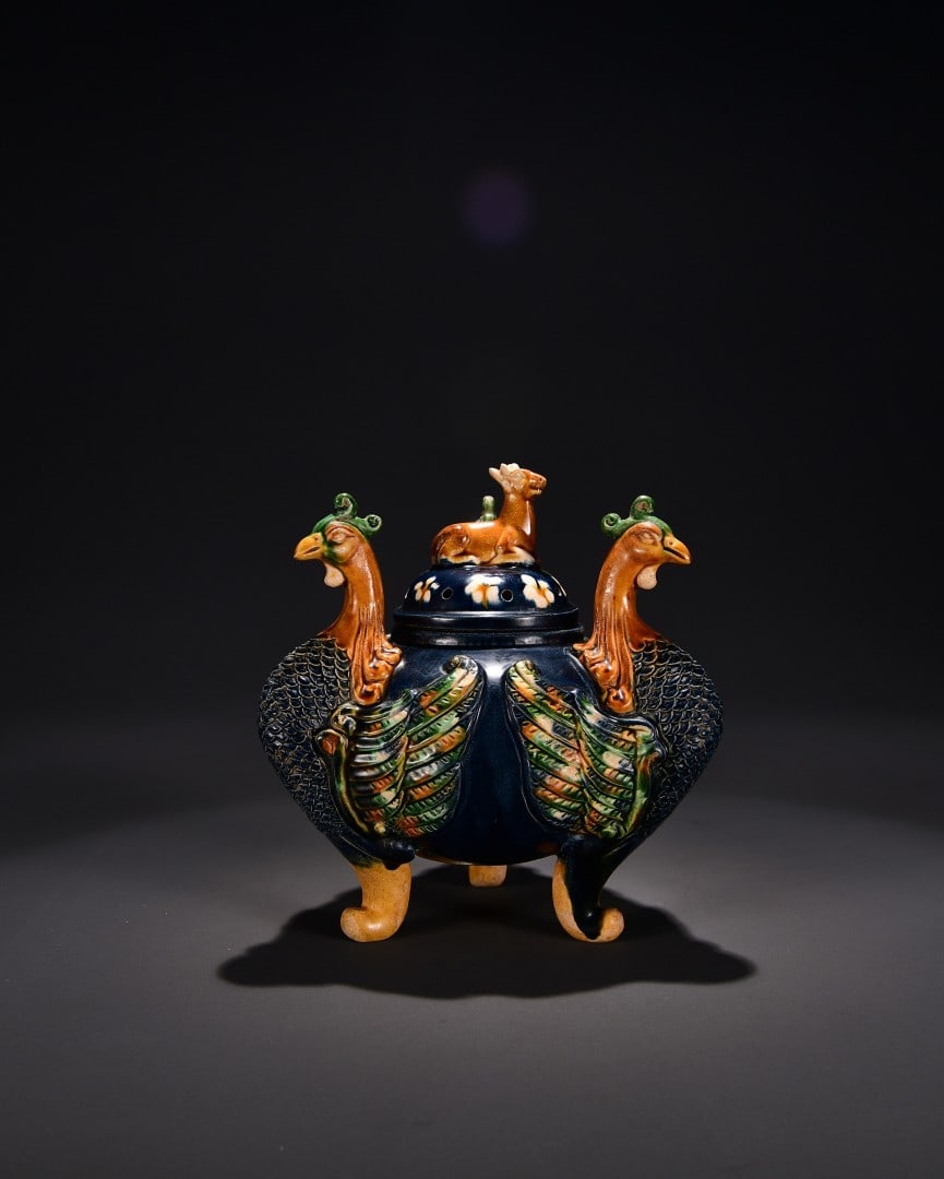 An Exquisite Tang Tri-Color Glazed Pottery Peacock Pattern Censer (1 of 9)