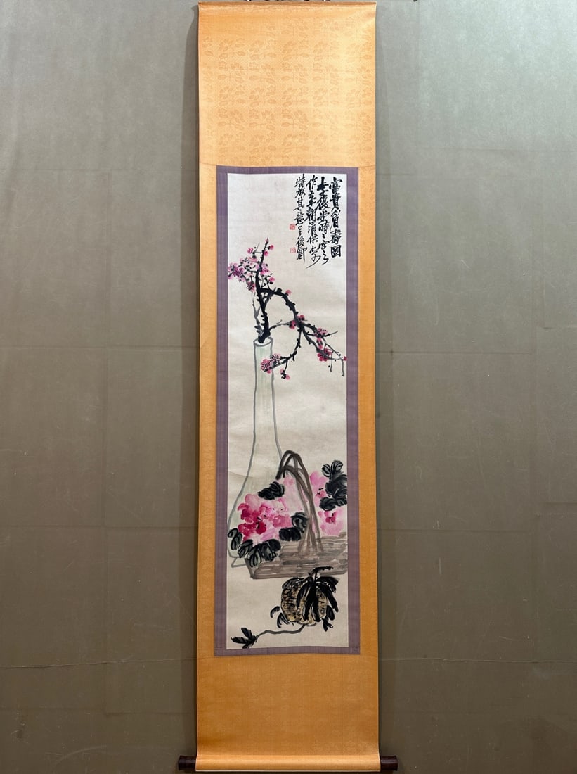 A Chinese Vertical Scroll Ink Painting of Flowers on Paper: A Chinese Vertical Scroll Ink Painting of Flowers on Paper,Modern Time,Wu Changshuo,without frame size:13.4inx52.8in