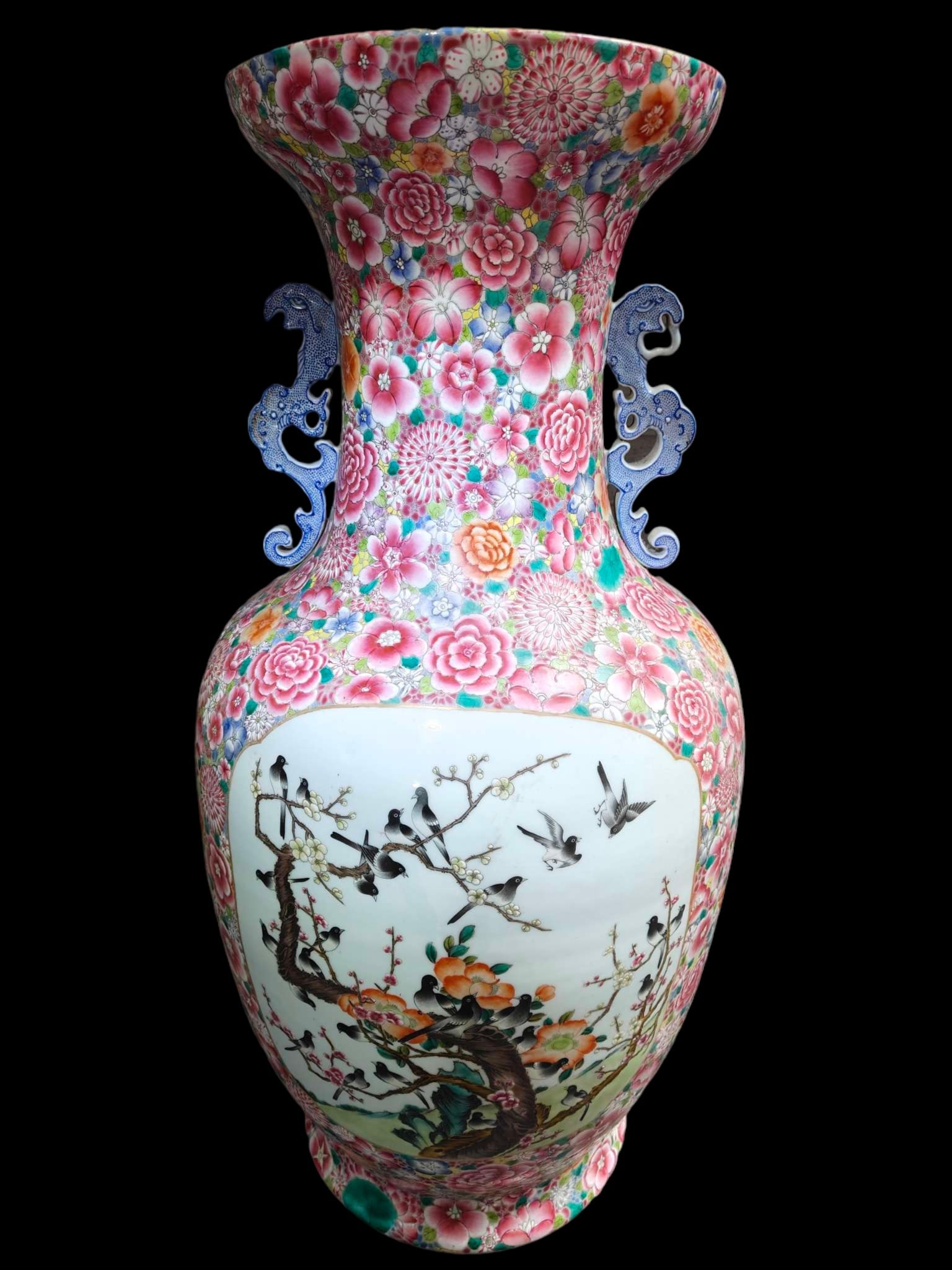 An Exquisite Famille-Rose Flower and Bird Pattern Double-Ears Vase: An Exquisite Famille-Rose Flower and Bird Pattern Double-Ears Vase,Qing Dynasty, China,Qianlong Six-character Mark,Size:28.3inx10.6inx14.2in 粉彩花鸟纹双耳