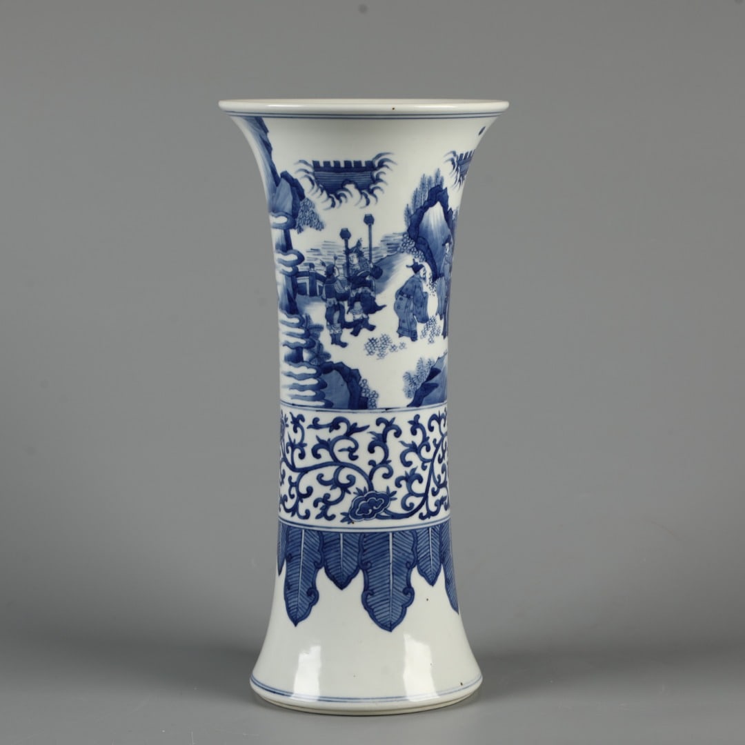 An Exquisite Blue and White Figures Pattern Flower Holder: An Exquisite Blue and White Figures Pattern Flower Holder,Qing Dynasty, China,Size:14.6inx7.3in 青花人物纹花插,中国清代