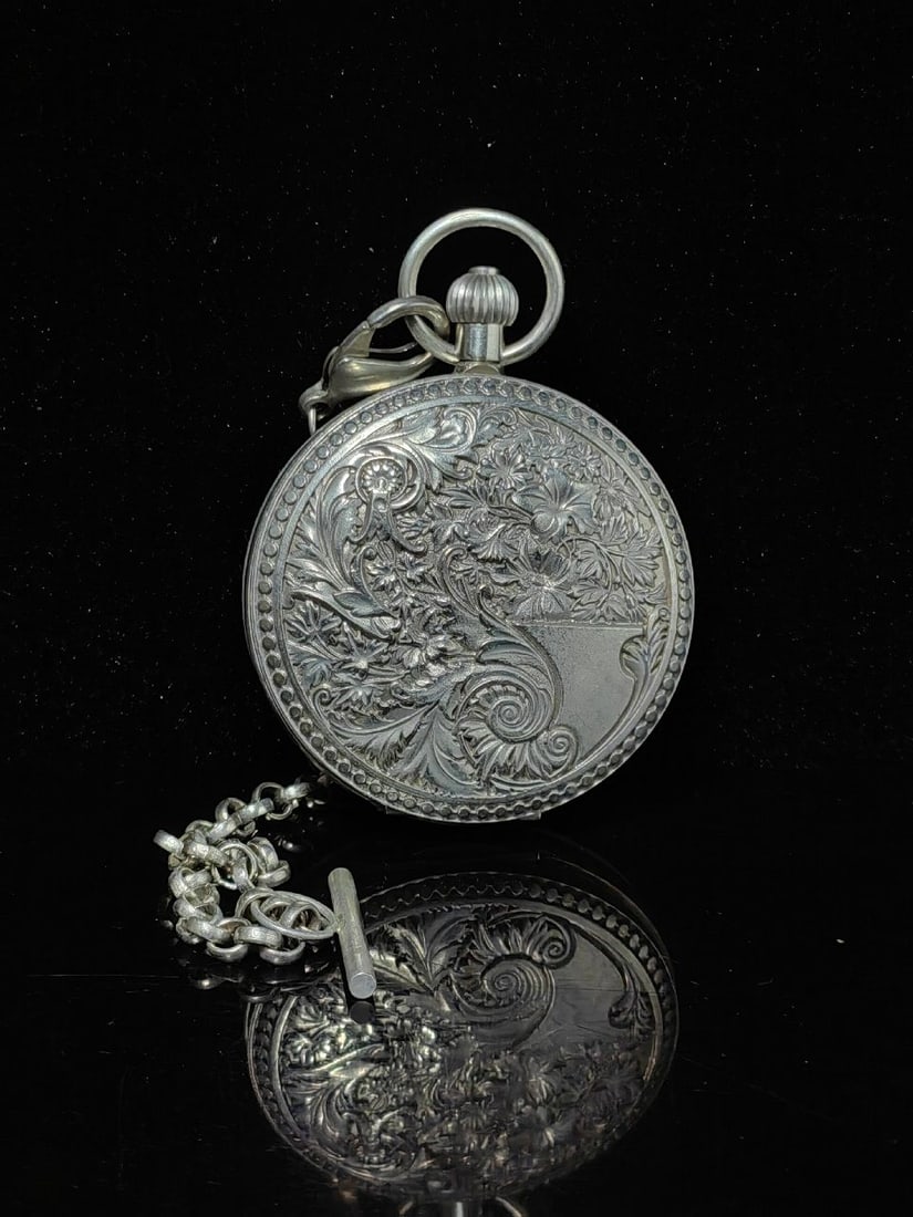An Exquisite Silver-Plated Bronze Flower Pattern Double Opening Pocket Watch: An Exquisite Silver-Plated Bronze Flower Pattern Double Opening Pocket Watch,Qing Dynasty, China,Size:2.2in