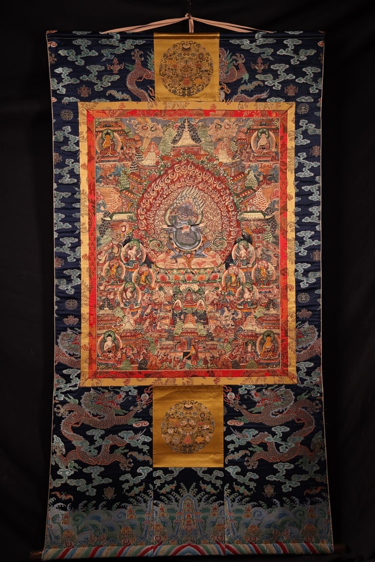 An Exquisite Mahakala Thangka: An Exquisite Mahakala Thangka,Ming Dynasty, China,Size:59.1inx31.5in(Whole),35inx23.6in(Leather Core) 大黑天唐卡,中国明代