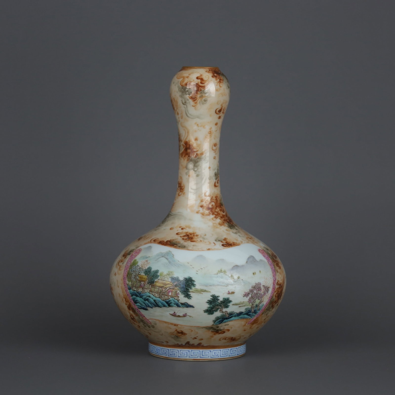 An Exquisite Stone Pattern Glazed Famille-Rose Landscape Pattern Vase: An Exquisite Stone Pattern Glazed Famille-Rose Landscape Pattern Vase,Qing Dynasty, China,Yongzheng Six-character Mark,Size:8.5inx5.2in
