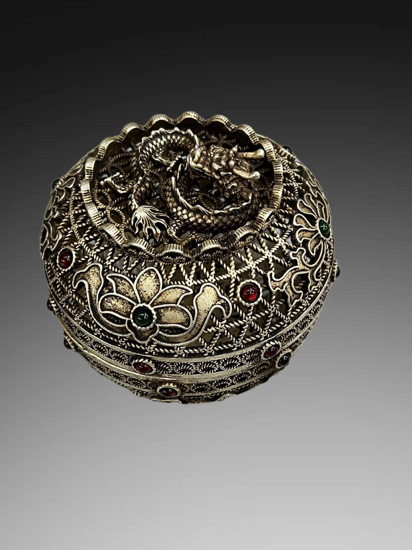 An Exquisite Silver Gilded Copper Filigree Dragon Box (1 of 4)