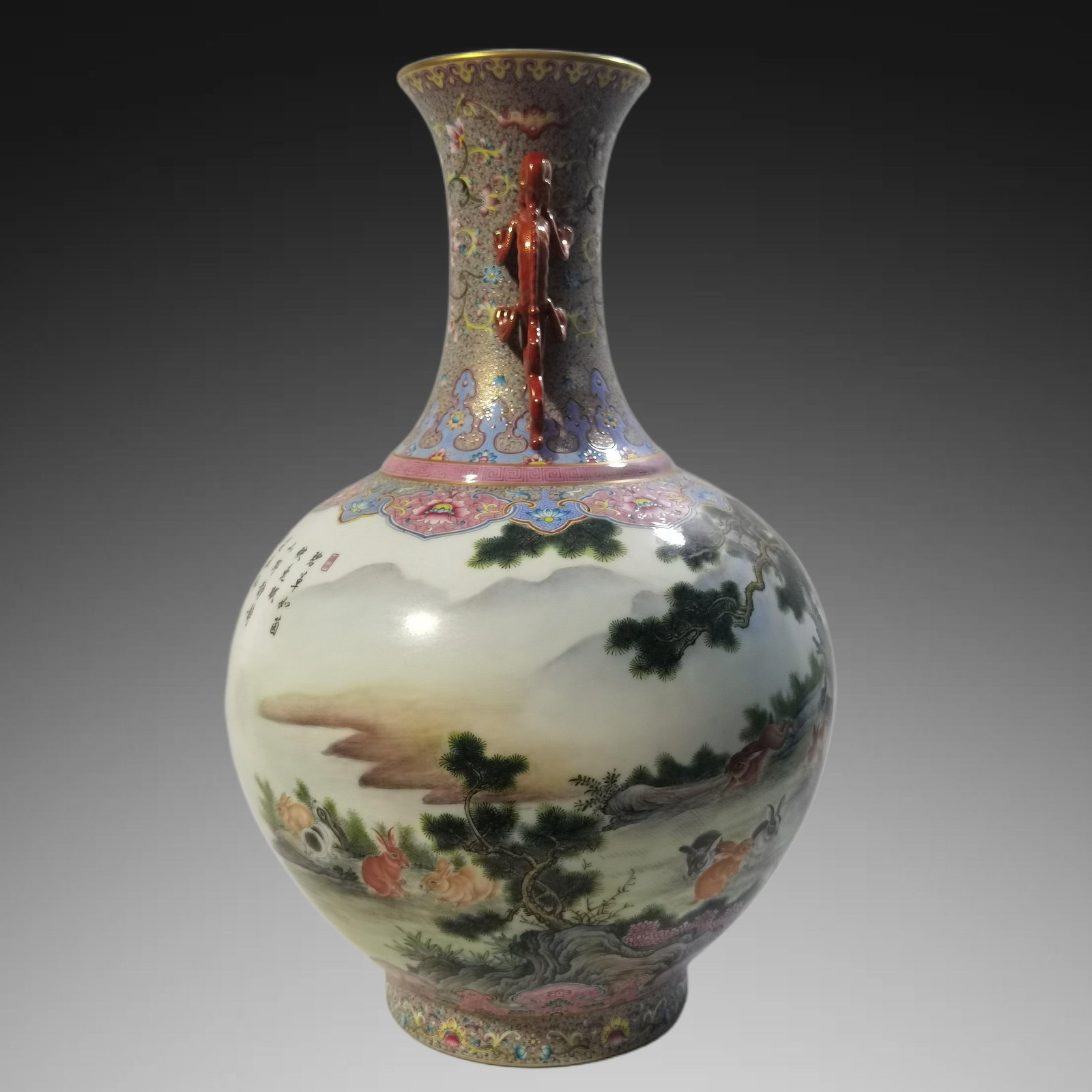 An Exquisite Enamel Rabbit Pattern Dragon-Ears Vase - 4