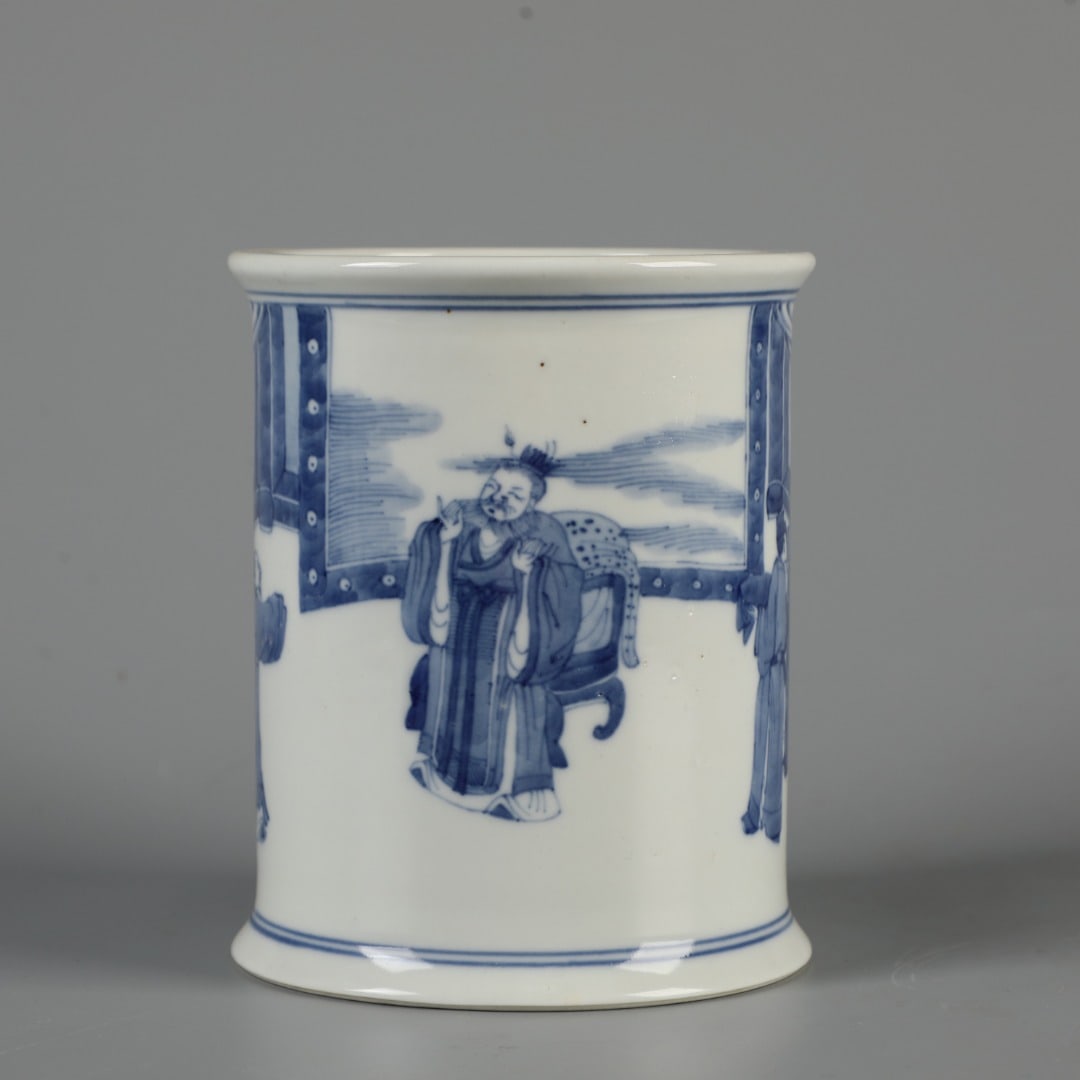 An Exquisite Blue and White Figures Pattern Brush Pot: An Exquisite Blue and White Figures Pattern Brush Pot,Qing Dynasty, China,Kangxi Six-character Mark,Size:6.1inx4.9in 青花人物纹笔筒,中国清&#