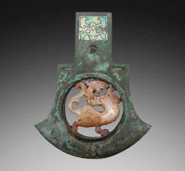 An Exquisite Bronze Inlaid Jade Beast Pattern Axe: An Exquisite Bronze Inlaid Jade Beast Pattern Axe,Han Dynasty, China,Size:8.3in,Weight:g 青铜嵌玉兽纹斧,中国汉代