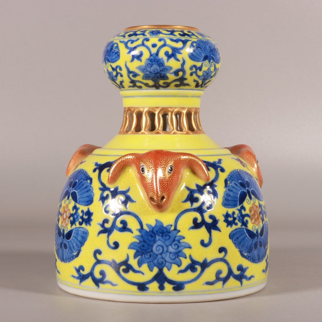 An Exquisite Blue and White Yellow Ground Painted Gold Sheep-Ears Vase: An Exquisite Blue and White Yellow Ground Painted Gold Sheep-Ears Vase,Qing Dynasty, China,Qianlong Six-character Mark,Size:5.9inx4.9in 青花黄地描金羊耳