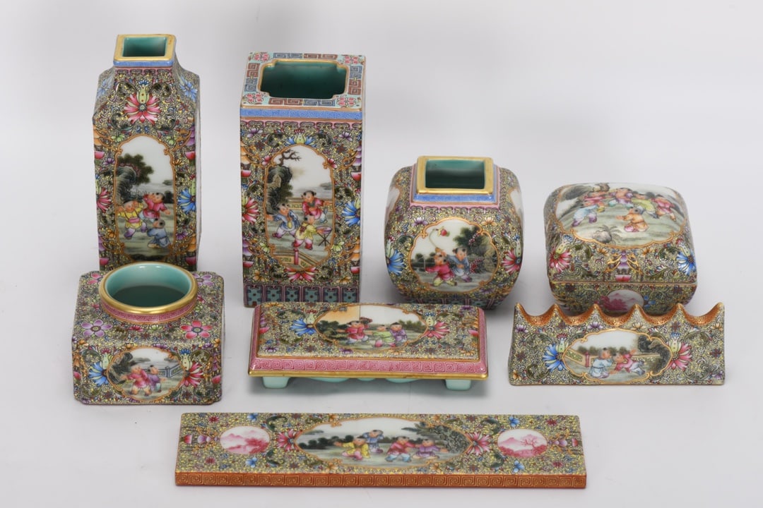 A Set of Exquisite Enamel Landscape and Figures Pattern Eight Treasures Stationery (1 of 8)