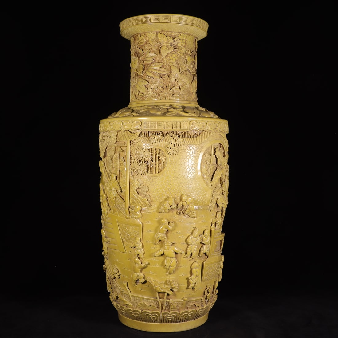 An Exquisite Chicken Oil Yellow Glazed Figures Pattern Vase: An Exquisite Chicken Oil Yellow Glazed Figures Pattern Vase,Qing Dynasty, China,Size:26.8inx7.9inx11.8in 鸡油黄釉人物纹瓶,中国清ߣ