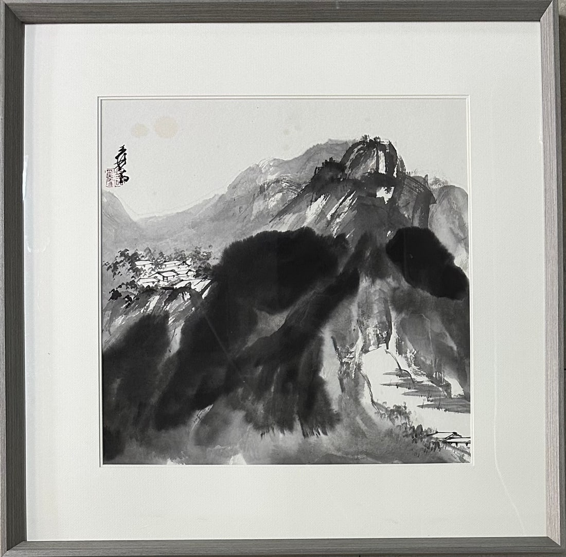 A Chinese Vertical Scroll Ink Painting of Landscape on Paper, With a Frame: A Chinese Vertical Scroll Ink Painting of Landscape on Paper, With a Frame,Modern Period of China,Zhang Daqian,without frame size:19.7inx19.7in 一幅中国水墨纸