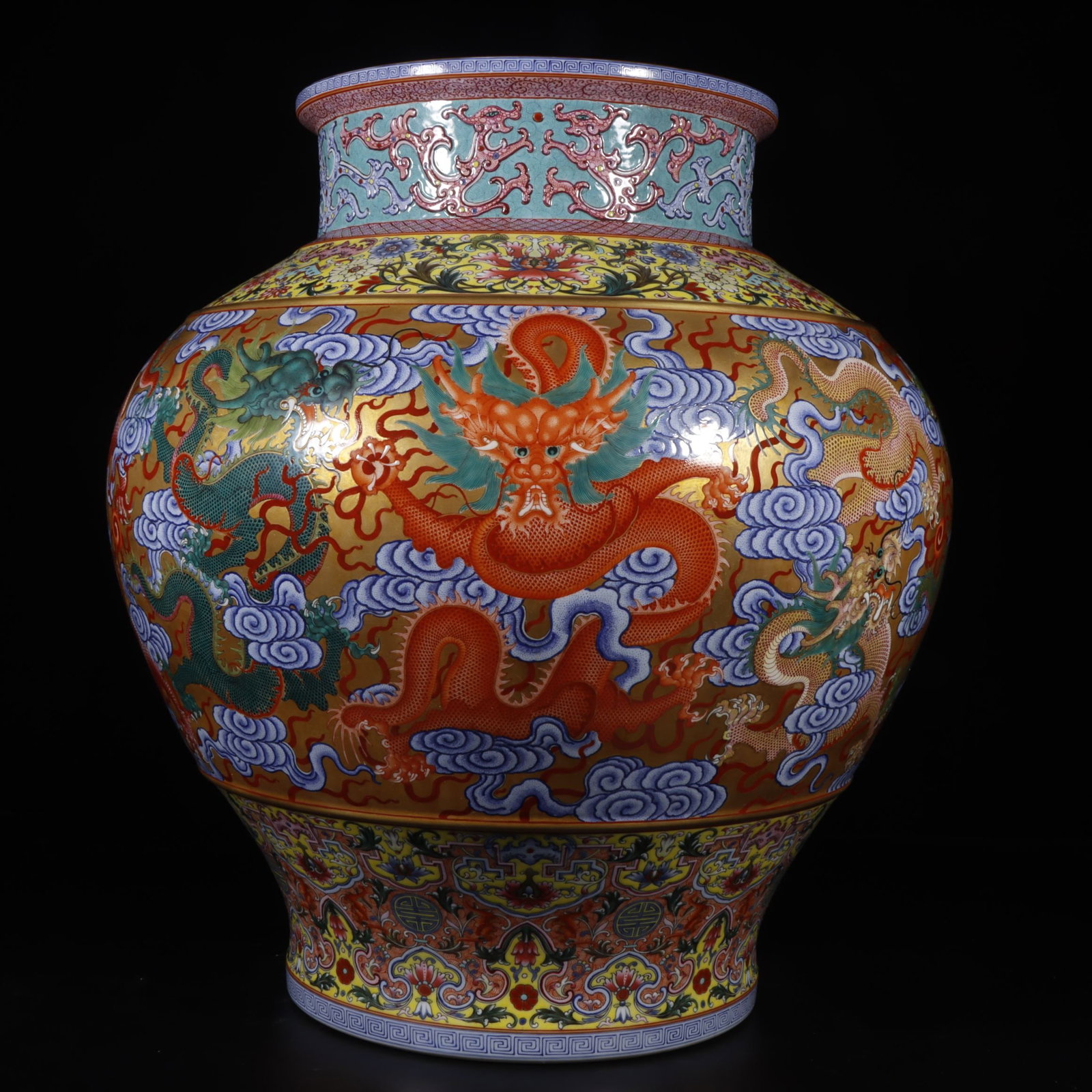 An Exquisite Yellow Ground Famille-Rose Painted Gold Lotus Dragon Pattern Jar: An Exquisite Yellow Ground Famille-Rose Painted Gold Lotus Dragon Pattern Jar,Qing Dynasty, China,Qianlong Four-character Mark,Size:17.2inx9.3inx9.3in 黄地粉彩描金&