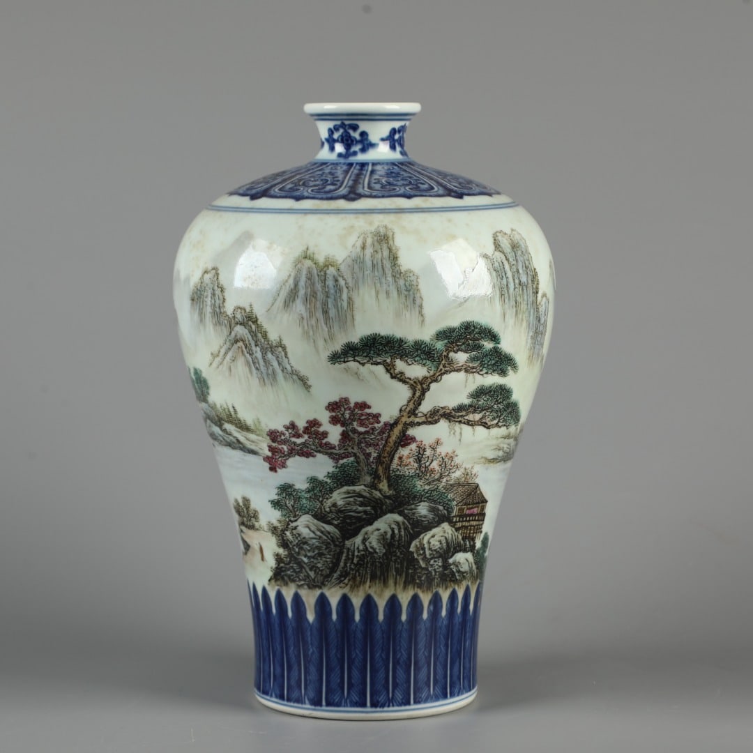 An Exquisite Blue and White Famille-Rose Landscape Pattern Vase: An Exquisite Blue and White Famille-Rose Landscape Pattern Vase,Qing Dynasty, China,Qianlong Six-character Mark,Size:13.8inx7.9in
