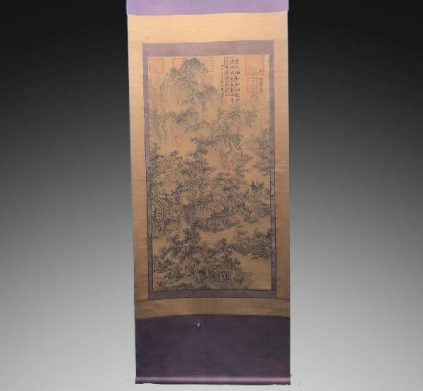 A Chinese Vertical Scroll Ink Painting of Landscape on Silk: A Chinese Vertical Scroll Ink Painting of Landscape on Silk,Tang Dynasty, China,Li Bai,without frame size:26.4inx51.6in
