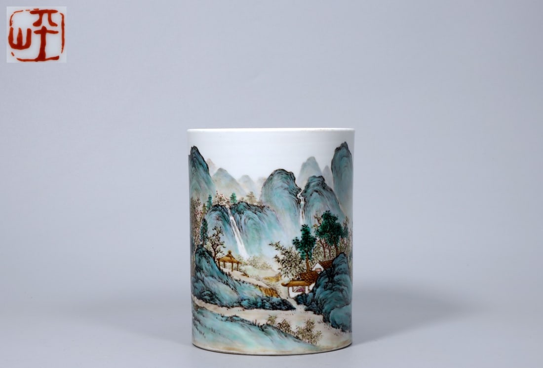An Exquisite Famille-Rose Landscape and Figures Pattern Brush Pot: An Exquisite Famille-Rose Landscape and Figures Pattern Brush Pot,Republic of China,With Mark,Size:6.1inx4.7inx4.8in ,Weight:860g